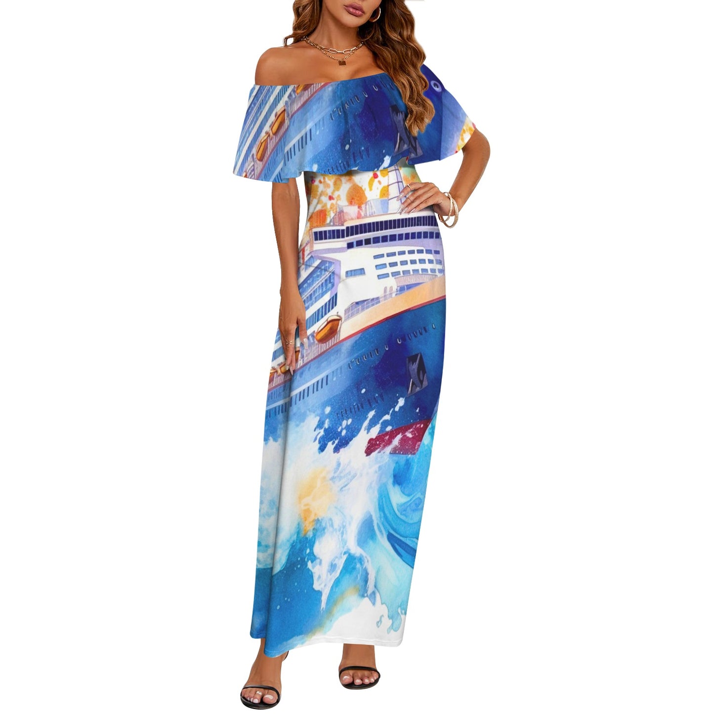 Just Cruisin 3 Women's Off Shoulder Ruffle Boat Neck Dress (Model D71)
