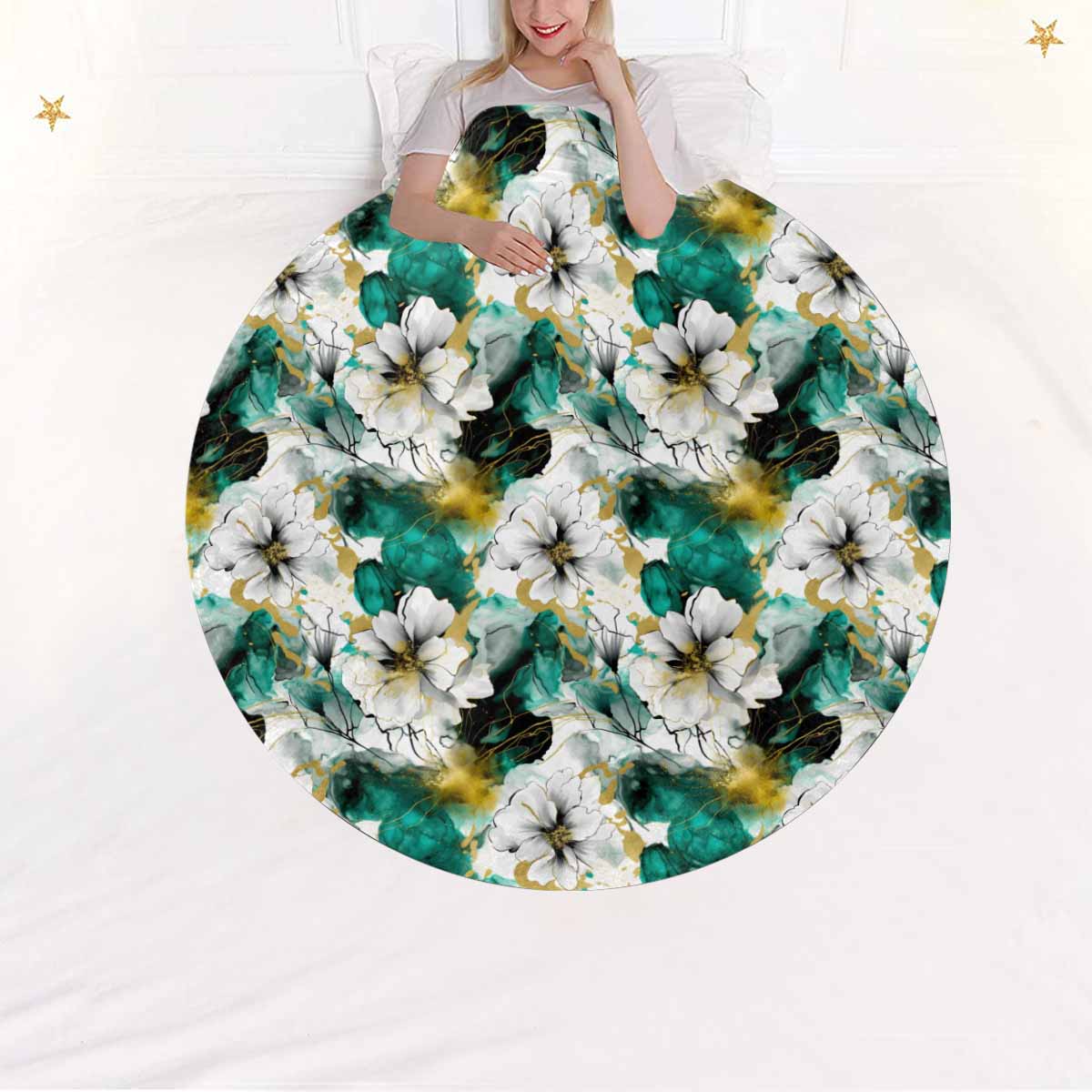 Green and White Ink Floral  Circular Micro Fleece Blanket 47"