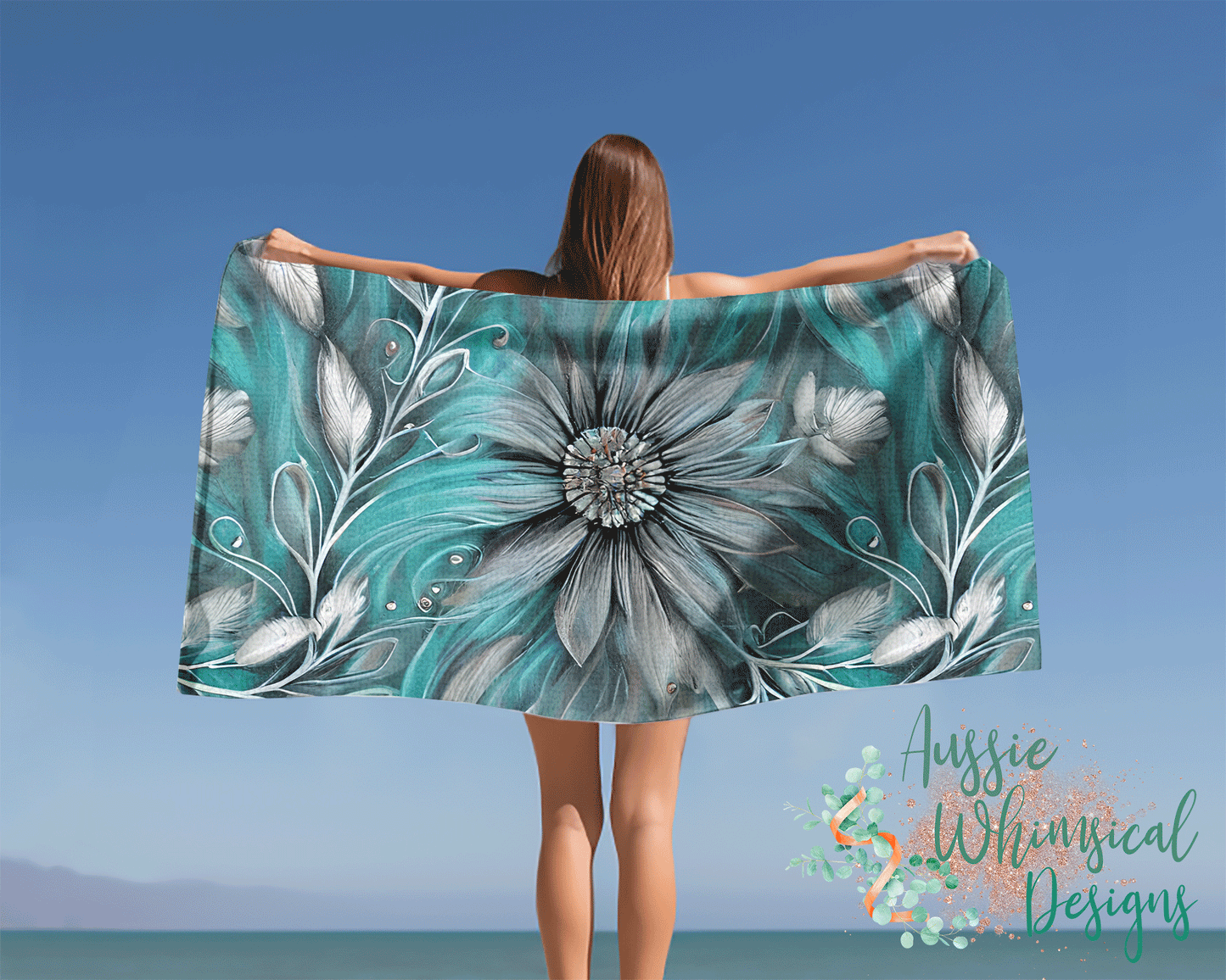 Beach Towel, Elegant floral and feather, Polycotton Towel