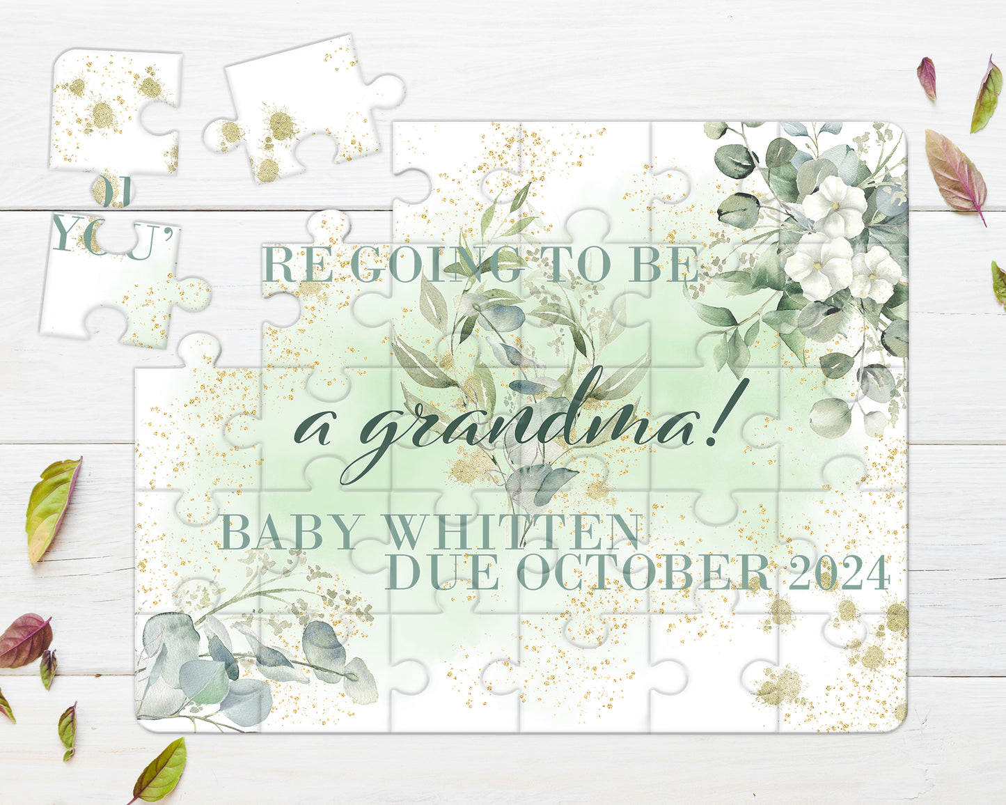 Eucalyptus Greenery 30pce Wooden Puzzle, Baby Announcement