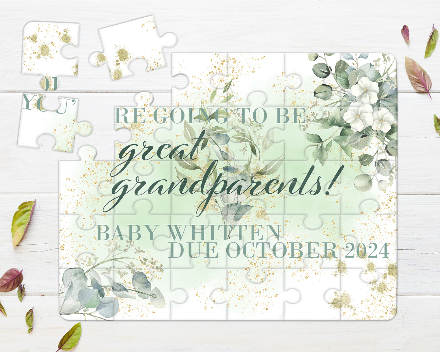 Eucalyptus Greenery 30pce Wooden Puzzle, Baby Announcement