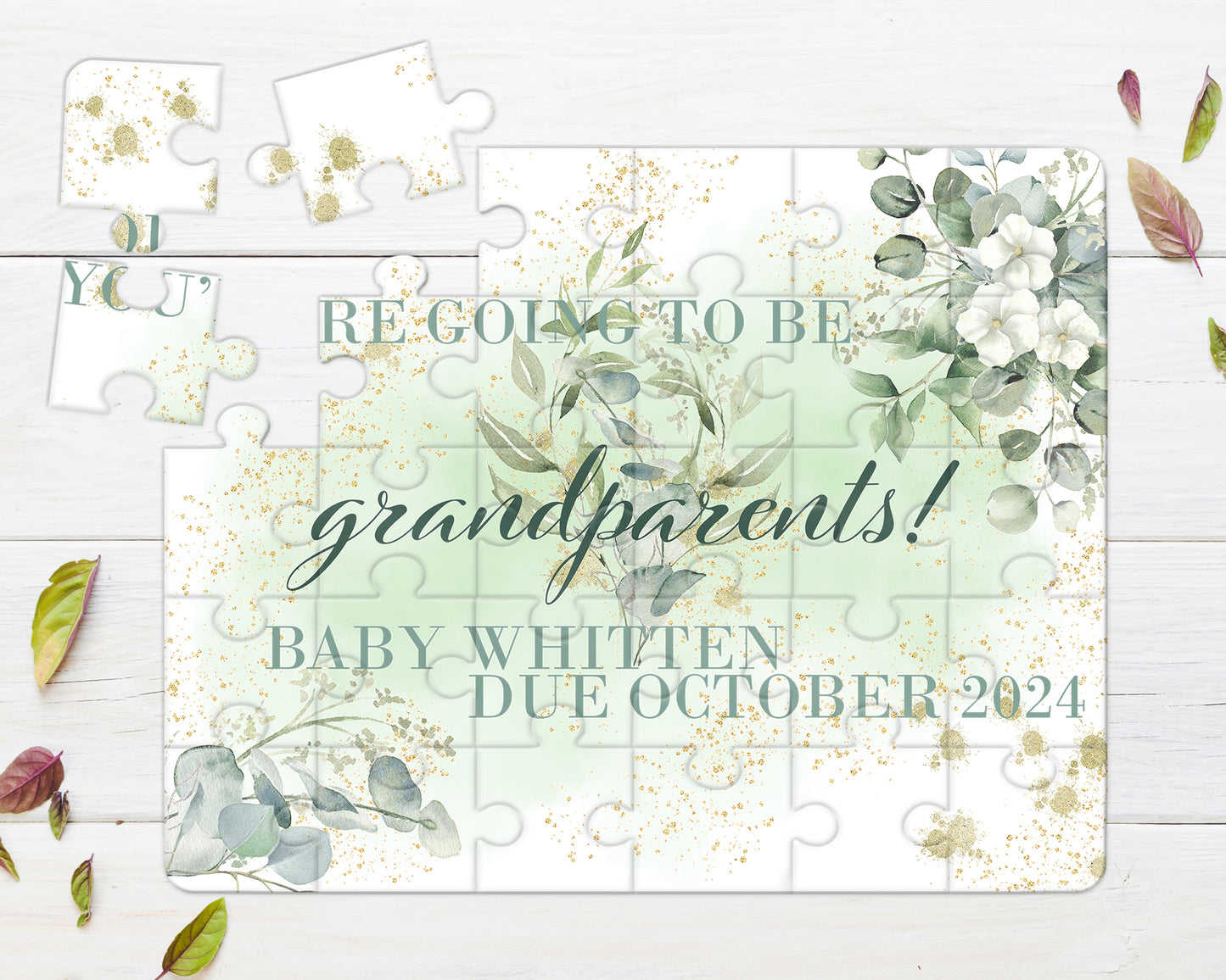 Eucalyptus Greenery 30pce Wooden Puzzle, Baby Announcement