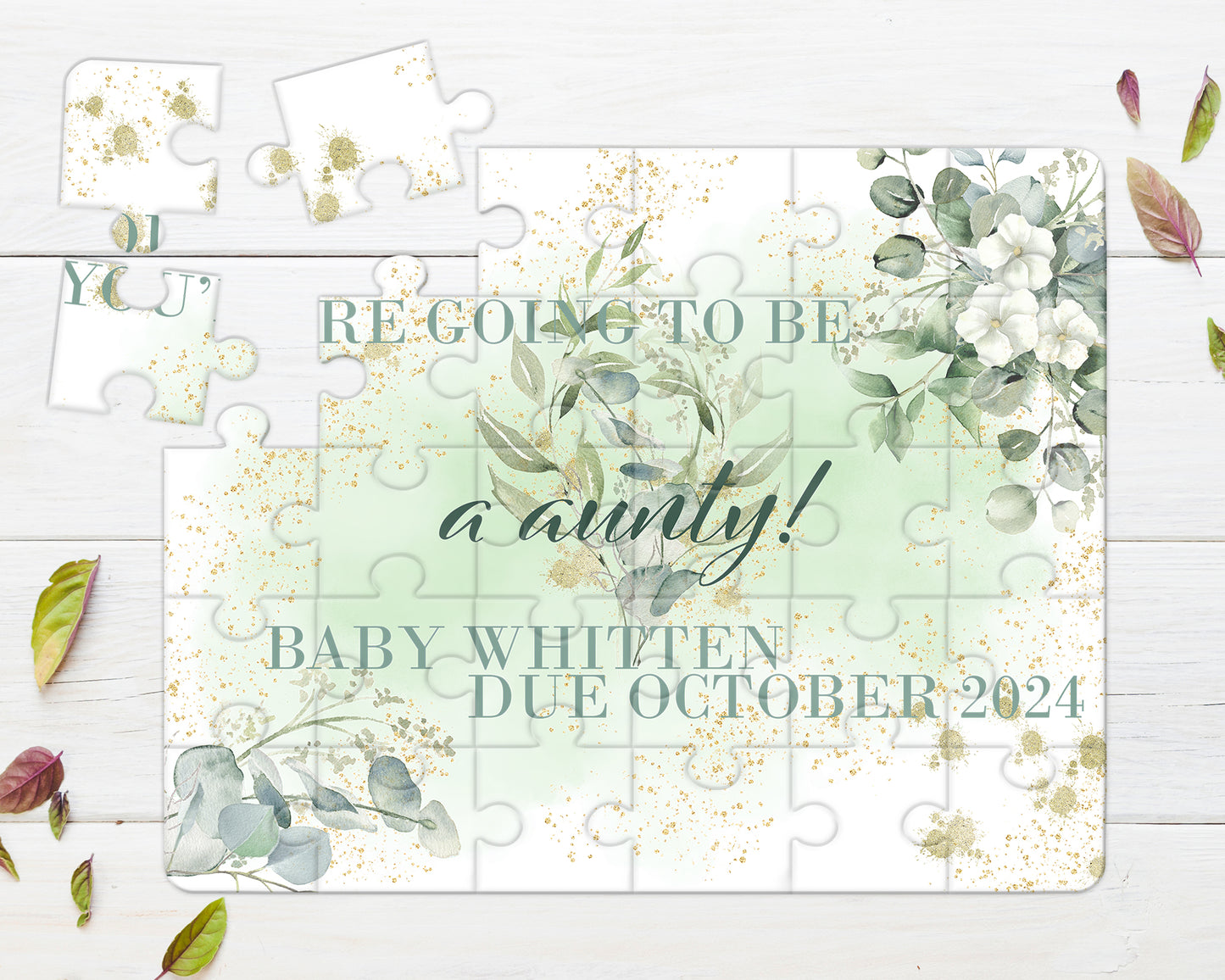 Eucalyptus Greenery 30pce Wooden Puzzle, Baby Announcement