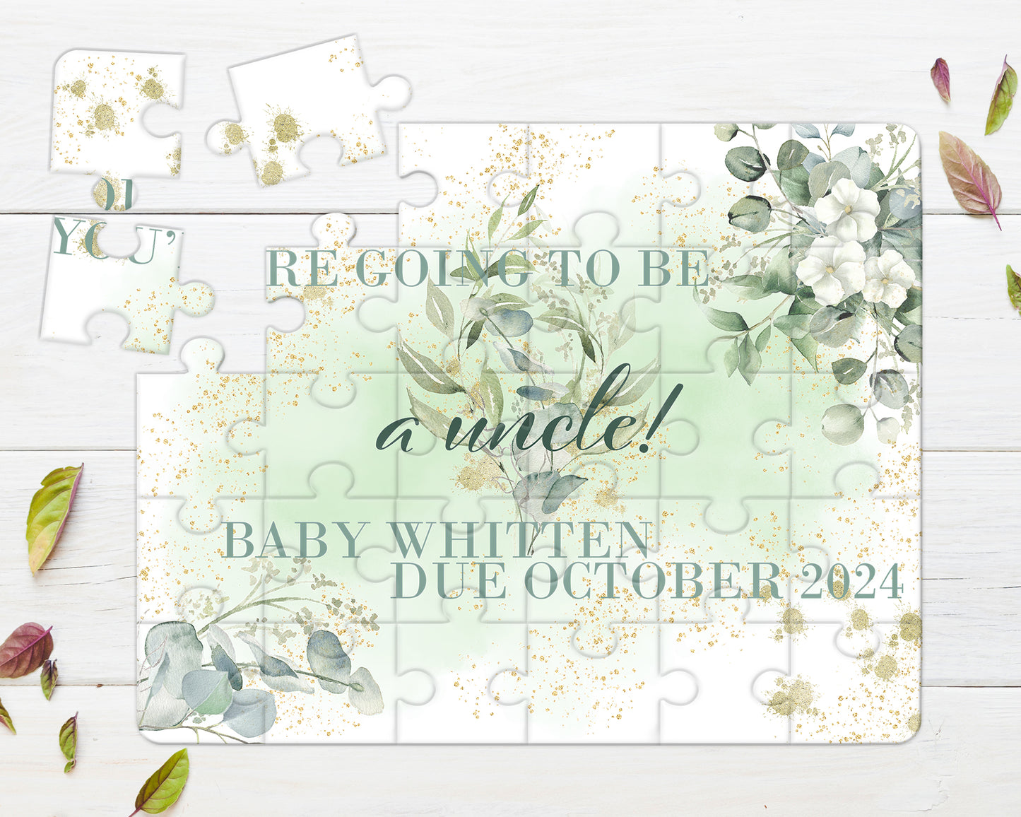 Eucalyptus Greenery 30pce Wooden Puzzle, Baby Announcement