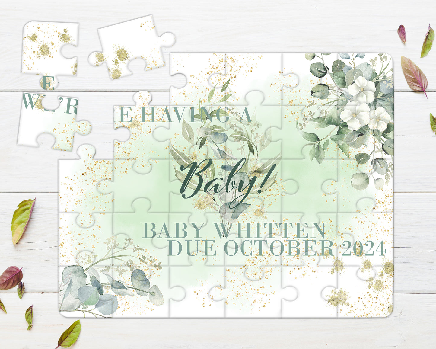 Eucalyptus Greenery 30pce Wooden Puzzle, Baby Announcement