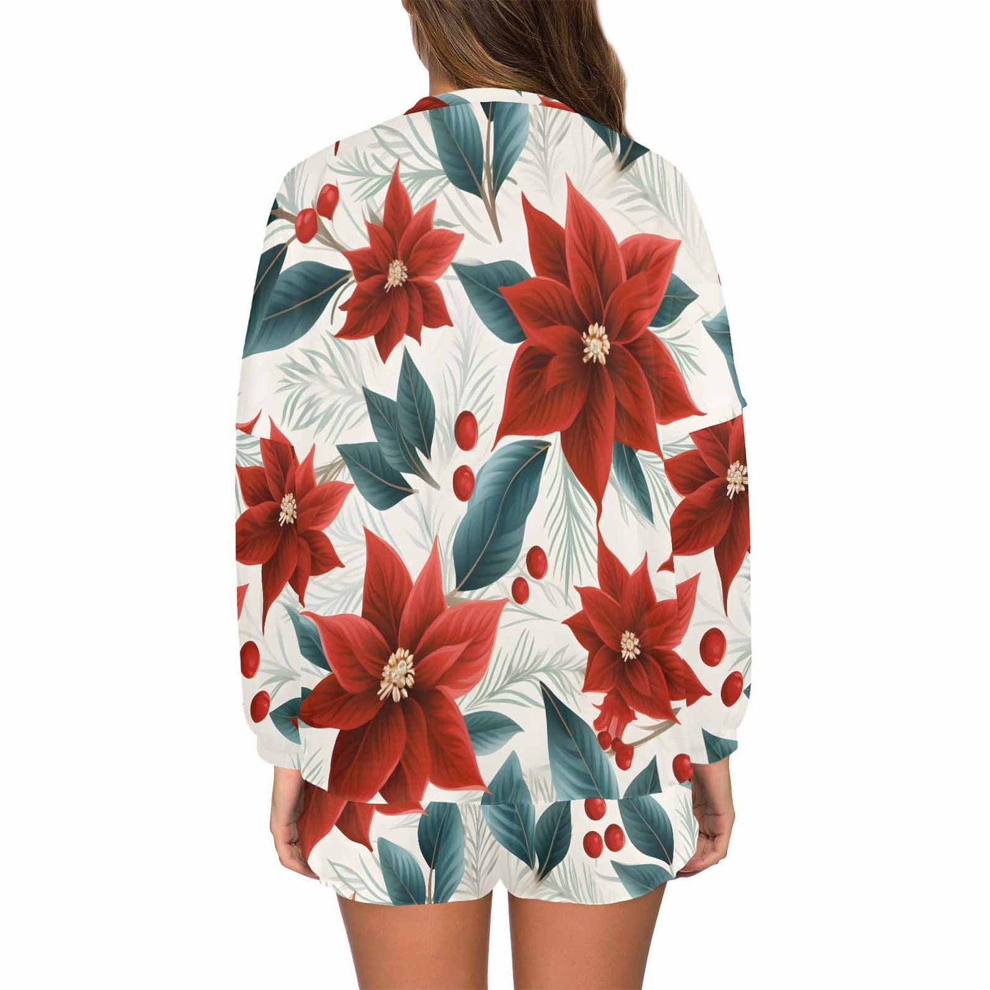 Christmas Red Poinsettia  Women's Long Sleeve Pajama Set with Shorts