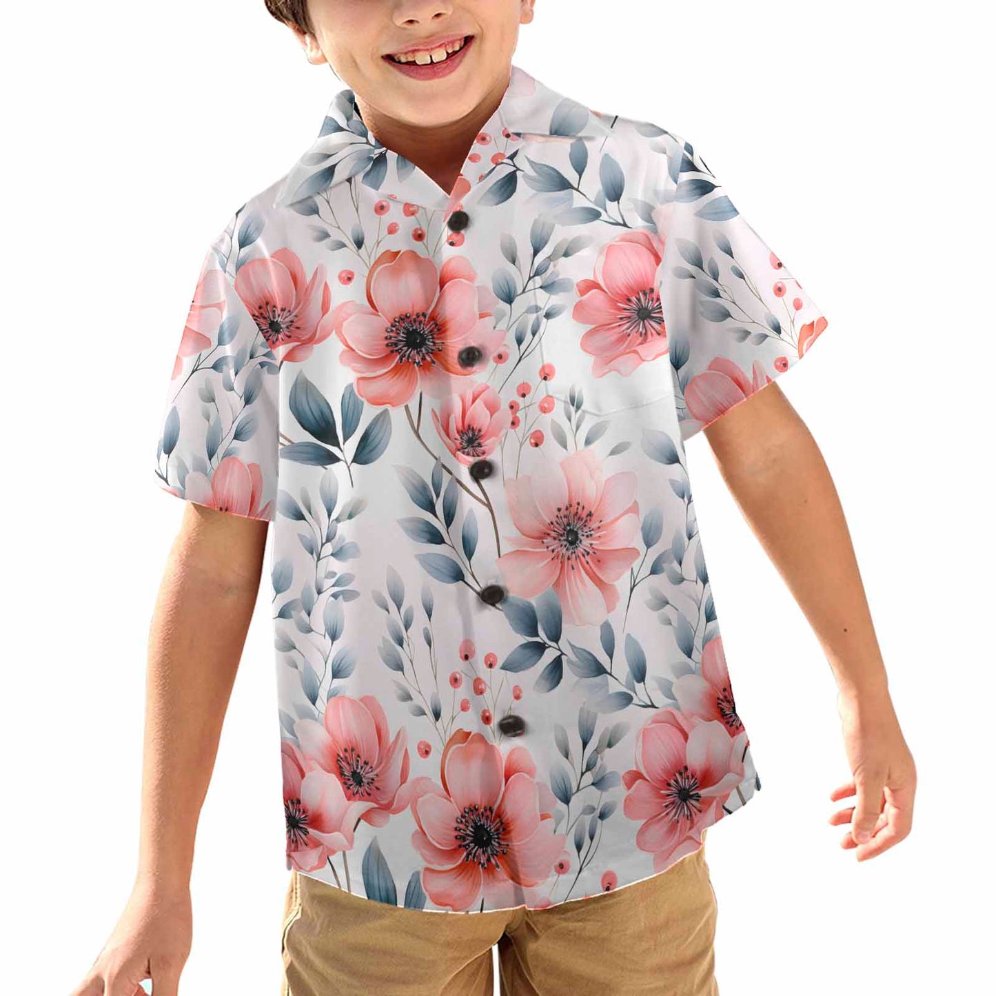 Apricot and Grey Floral  Little Boys' Hawaiian Shirt (Model T58)