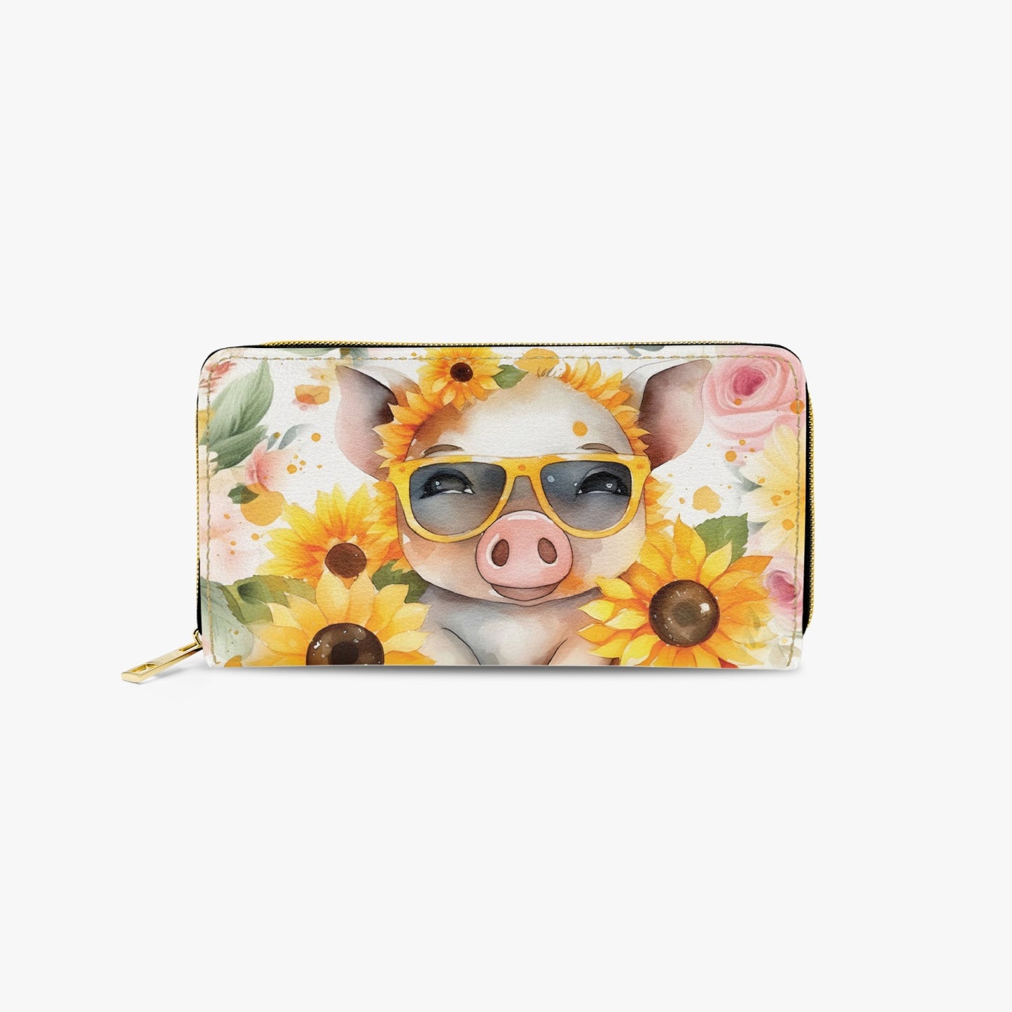 Long Type Zipper Purse, Pig, Sunflowers, awd-658