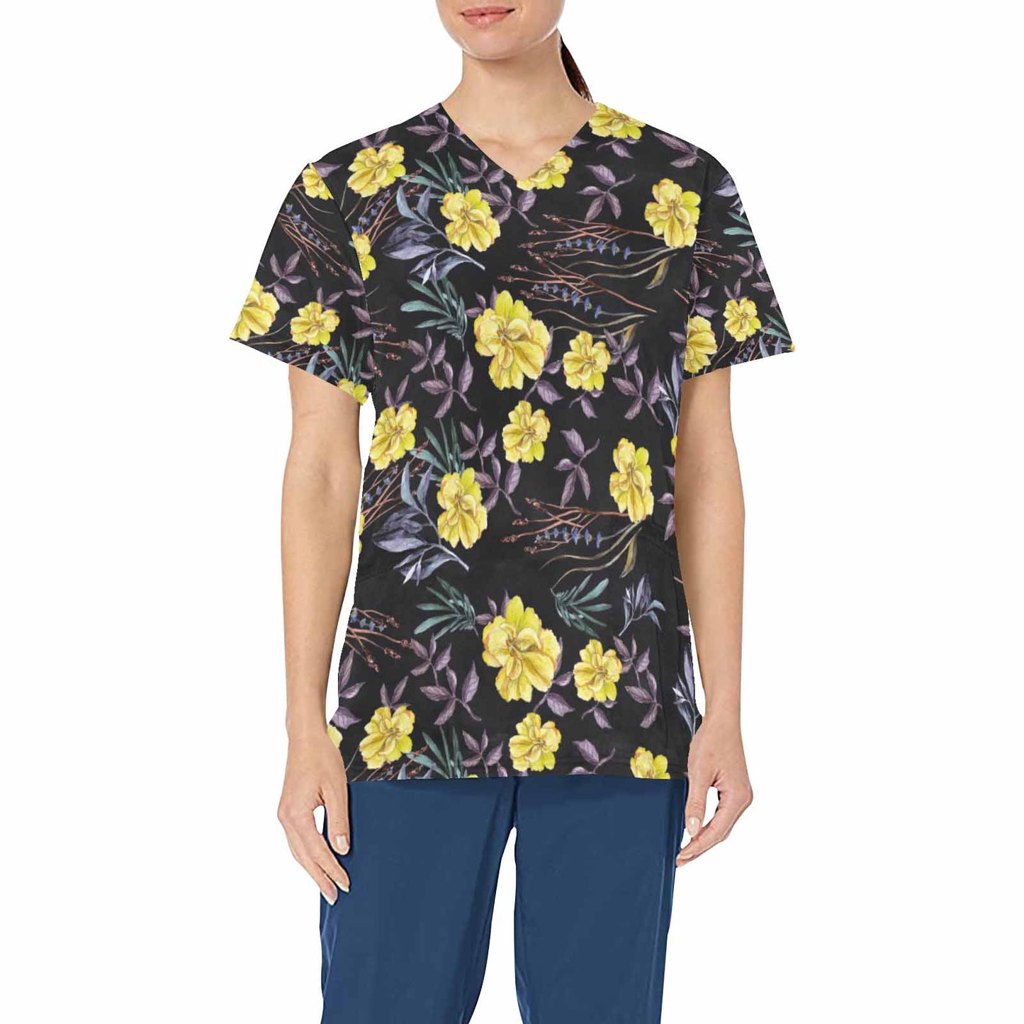 Yellow Iris   Women's V Neck Scrub Top Nurse Uniform with Deep Front Pockets