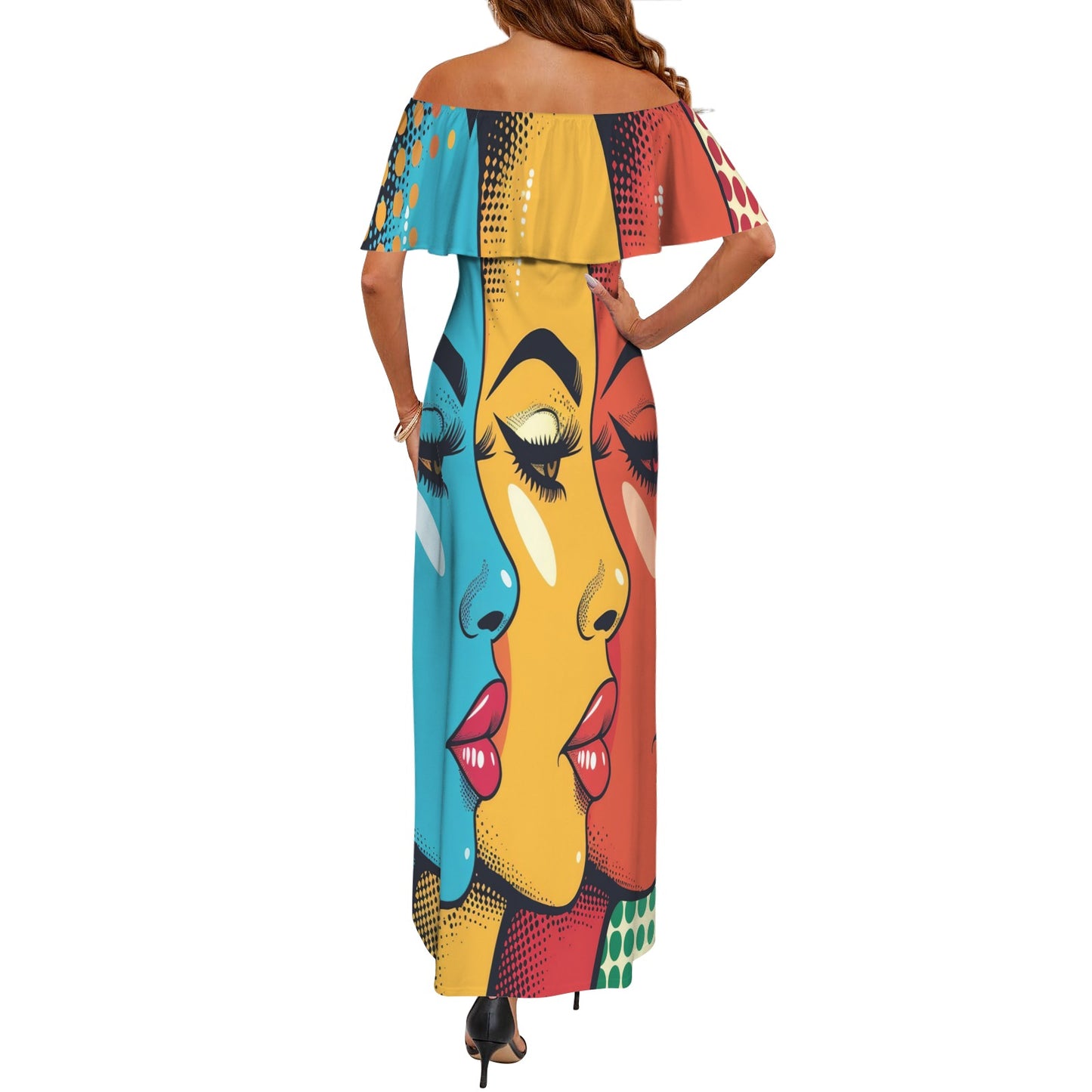 Pop art awd711 Women's Off Shoulder Ruffle Boat Neck Dress (Model D71)