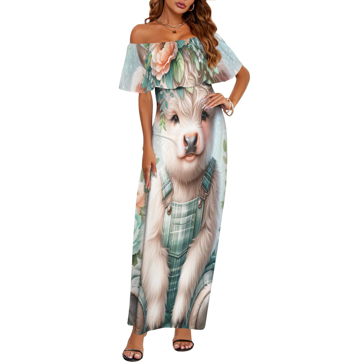 Highland Cow awd1158 Women's Off Shoulder Ruffle Boat Neck Dress (Model D71)