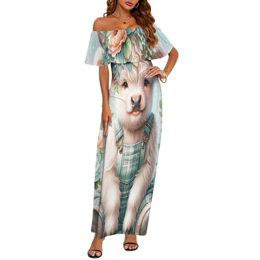 Highland Cow awd1158 Women's Off Shoulder Ruffle Boat Neck Dress (Model D71)