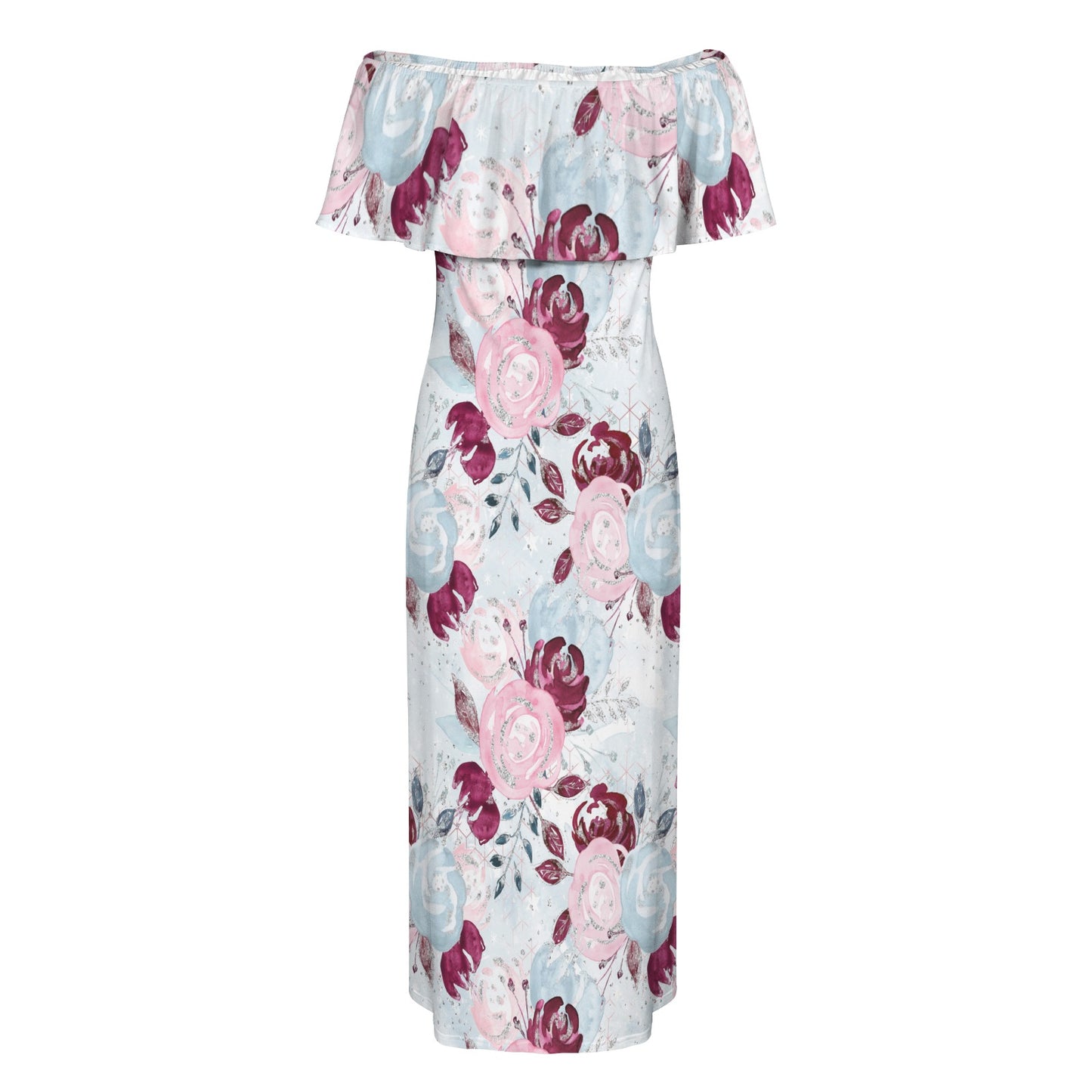 Roses Pink Blue Women's Off Shoulder Ruffle Boat Neck Dress (Model D71)