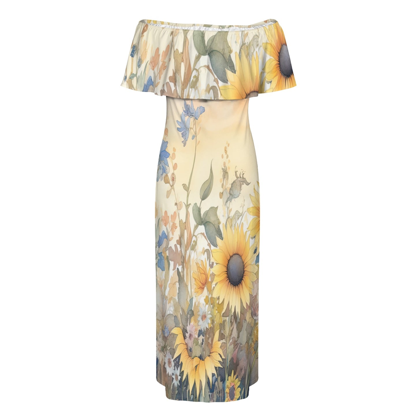 Sunflowers awd343 Women's Off Shoulder Ruffle Boat Neck Dress (Model D71)