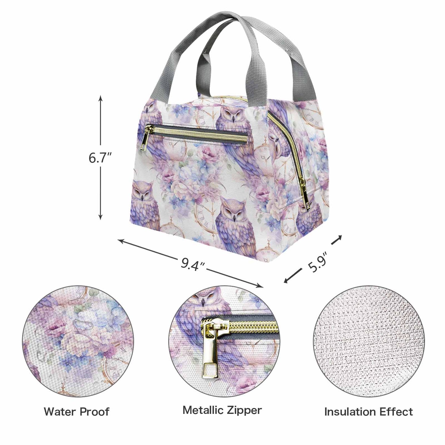 Pastel Owls  Portable Lunch Bag-Grey Handle