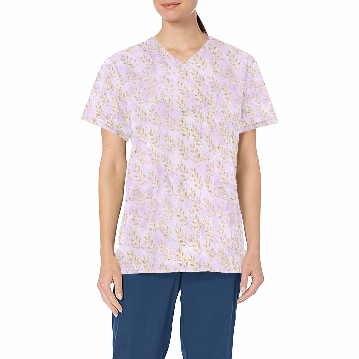 Purple and Gold Leaves  Women's V Neck Scrub Top Nurse Uniform with Deep Front Pockets