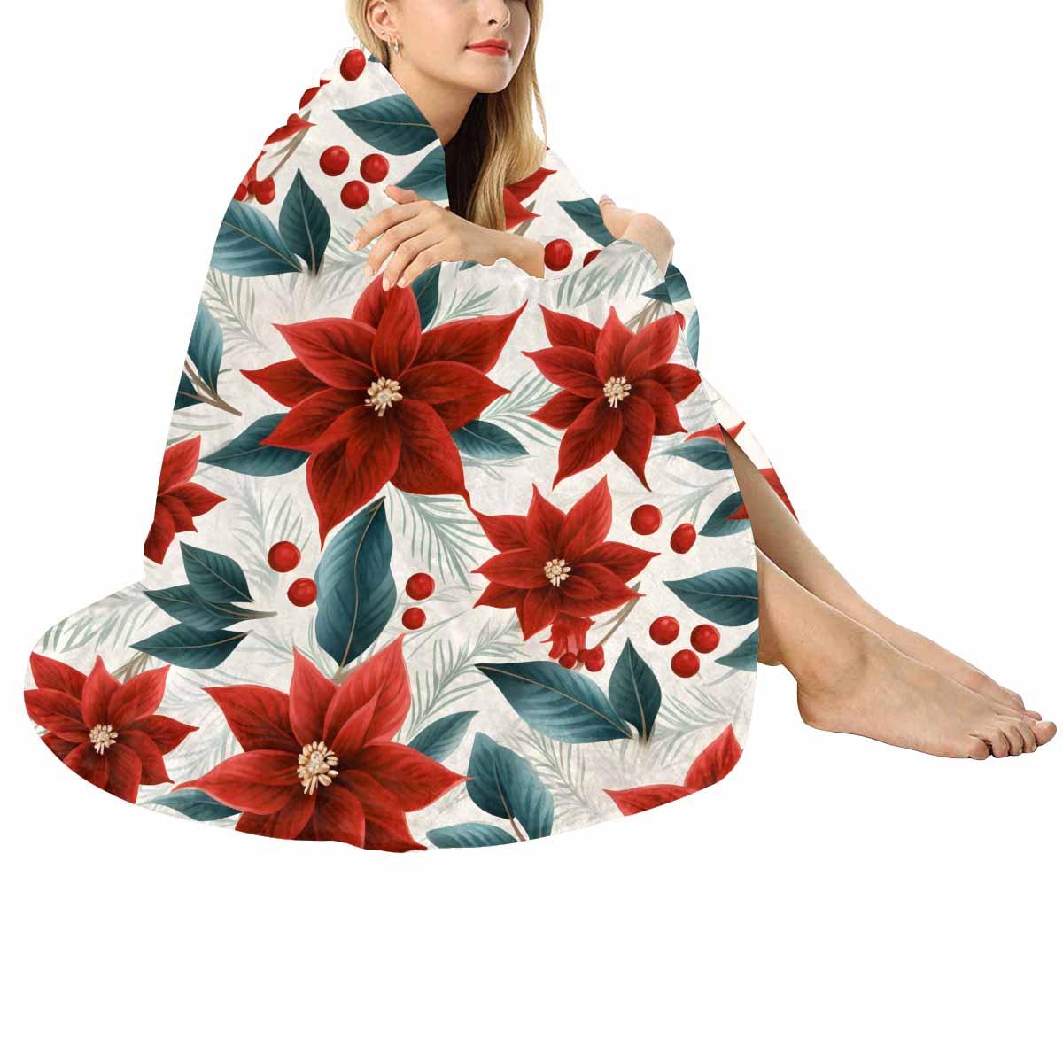 Christmas Red Poinsettia  Circular Micro Fleece Blanket 47"