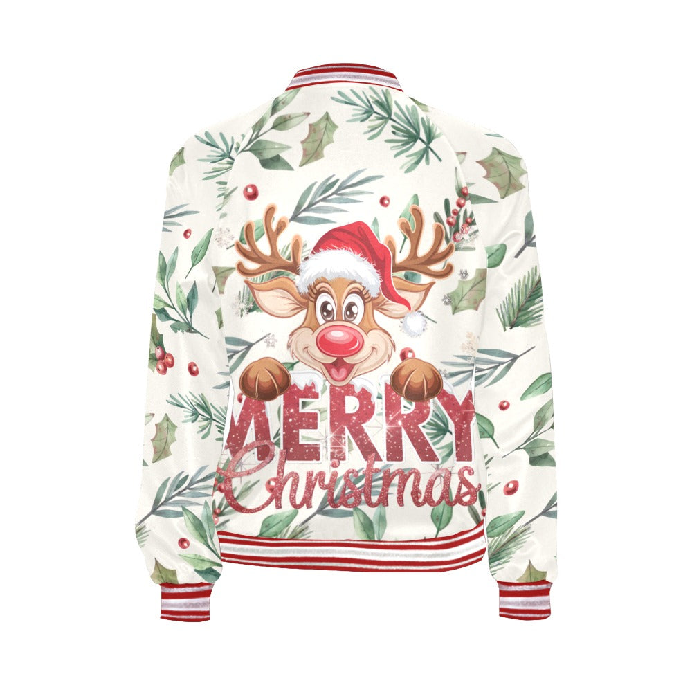 Christmas Poinsettia Pattern Bomber Jacket for Women