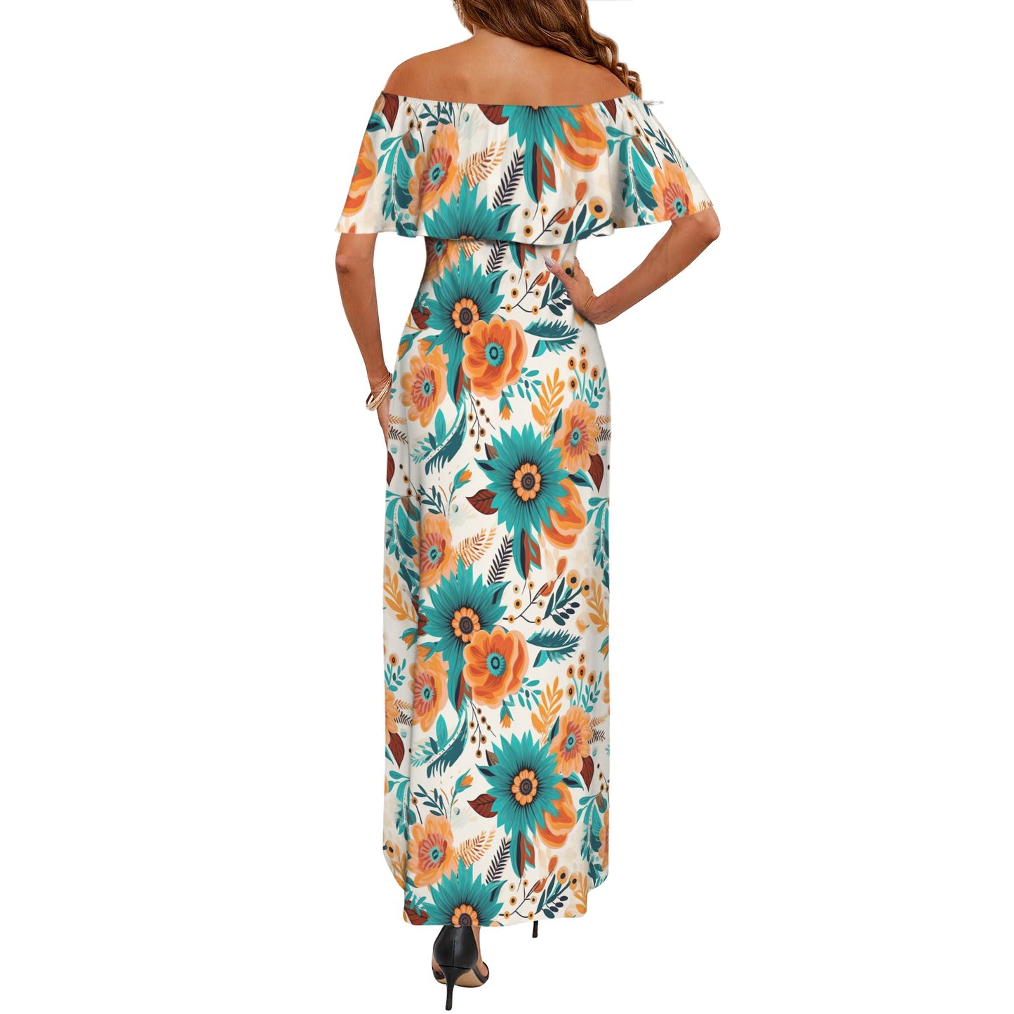 Boho Retro Floral Women's Off Shoulder Ruffle Boat Neck Dress (Model D71)