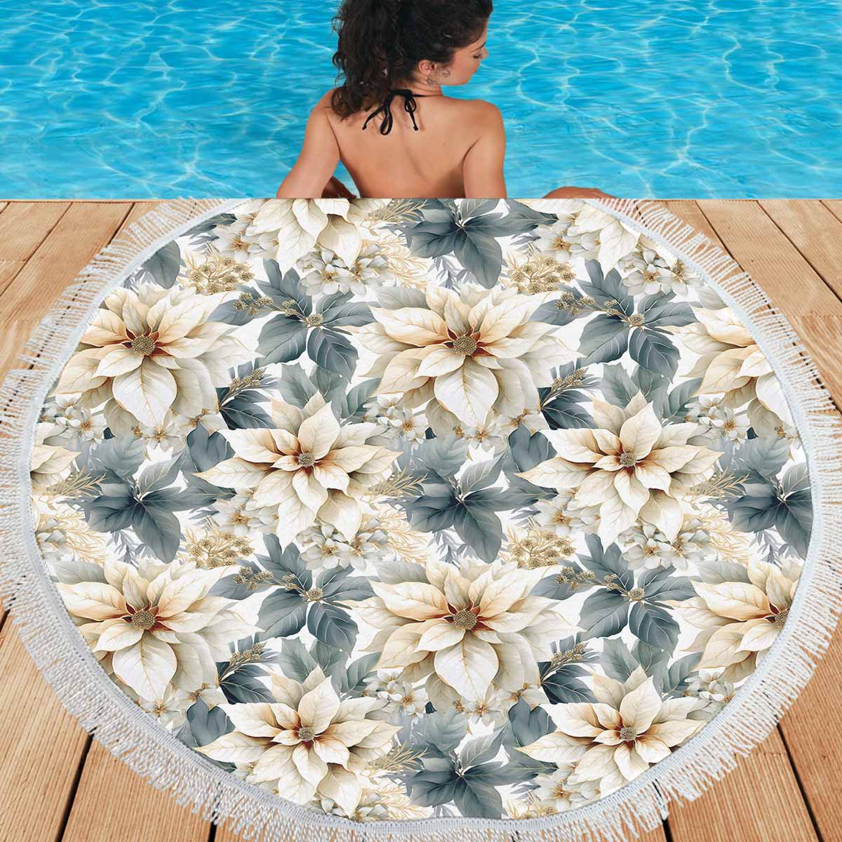 Cream Poinsettianew  Circular Beach Shawl 59"