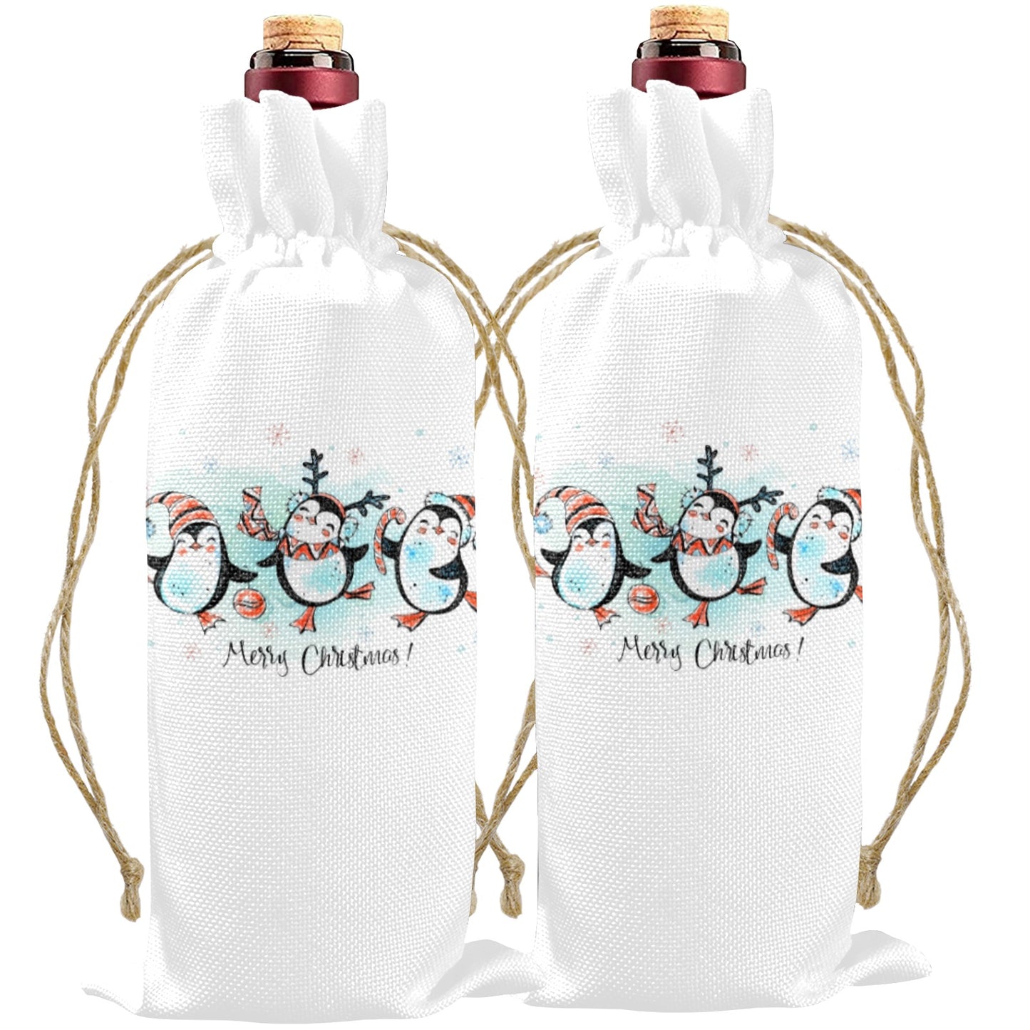 Merry Christmas Whimsical Penguins Linen Wine Bottle Bag