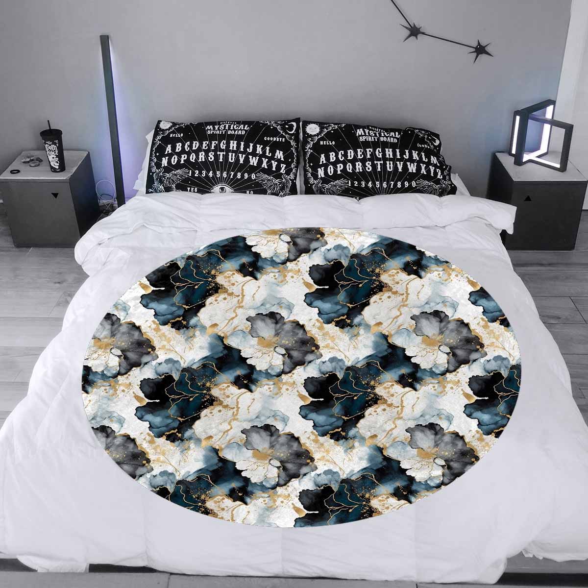 Black Ink Floral  Circular Micro Fleece Blanket 47"