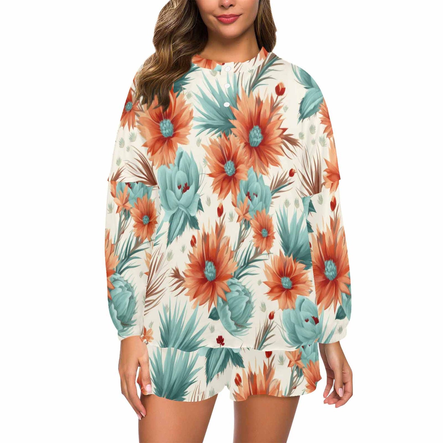 Boho Floral  Women's Long Sleeve Pajama Set with Shorts