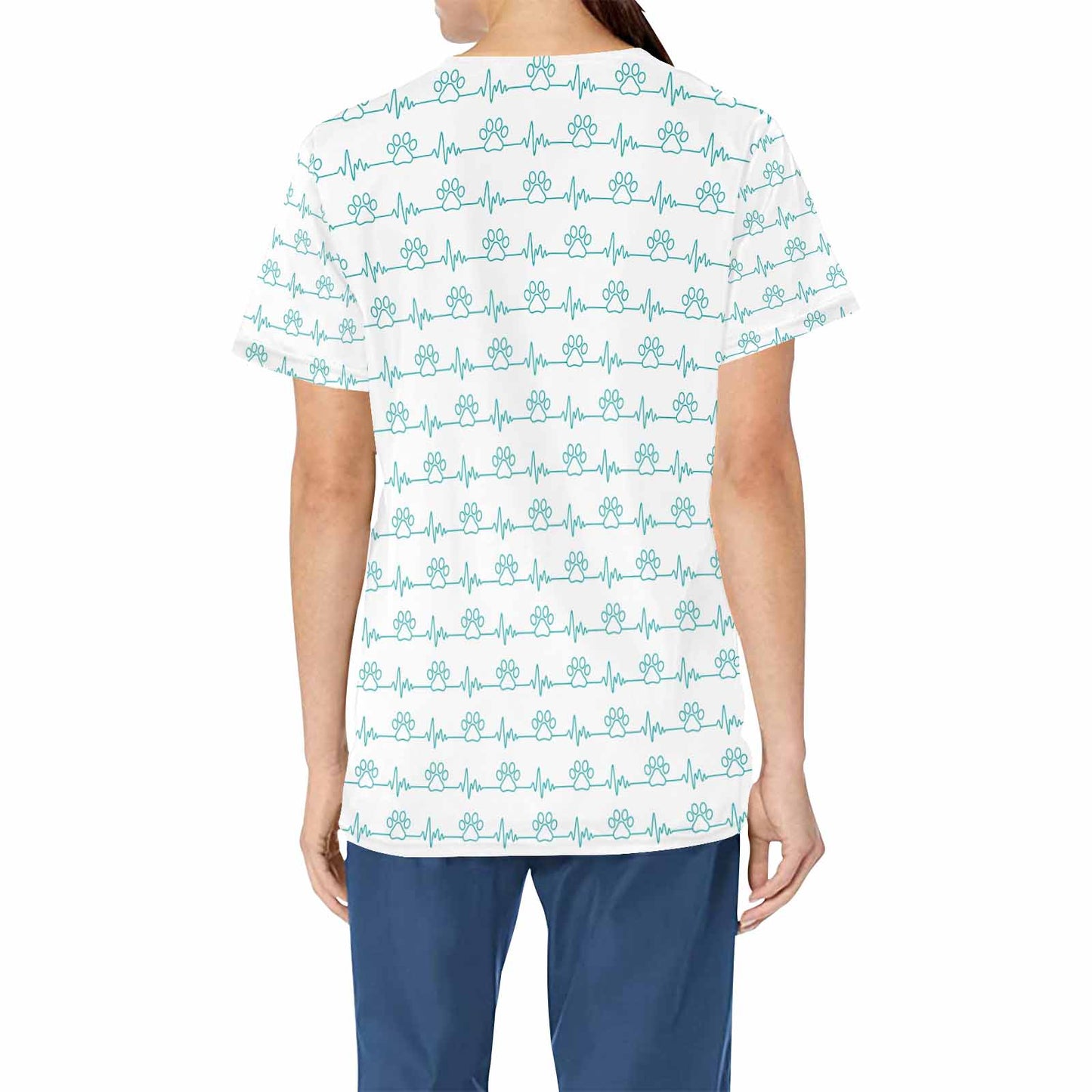 Green Dog Paw Heartbeat  Women's V Neck Scrub Top Nurse Uniform with Deep Front Pockets