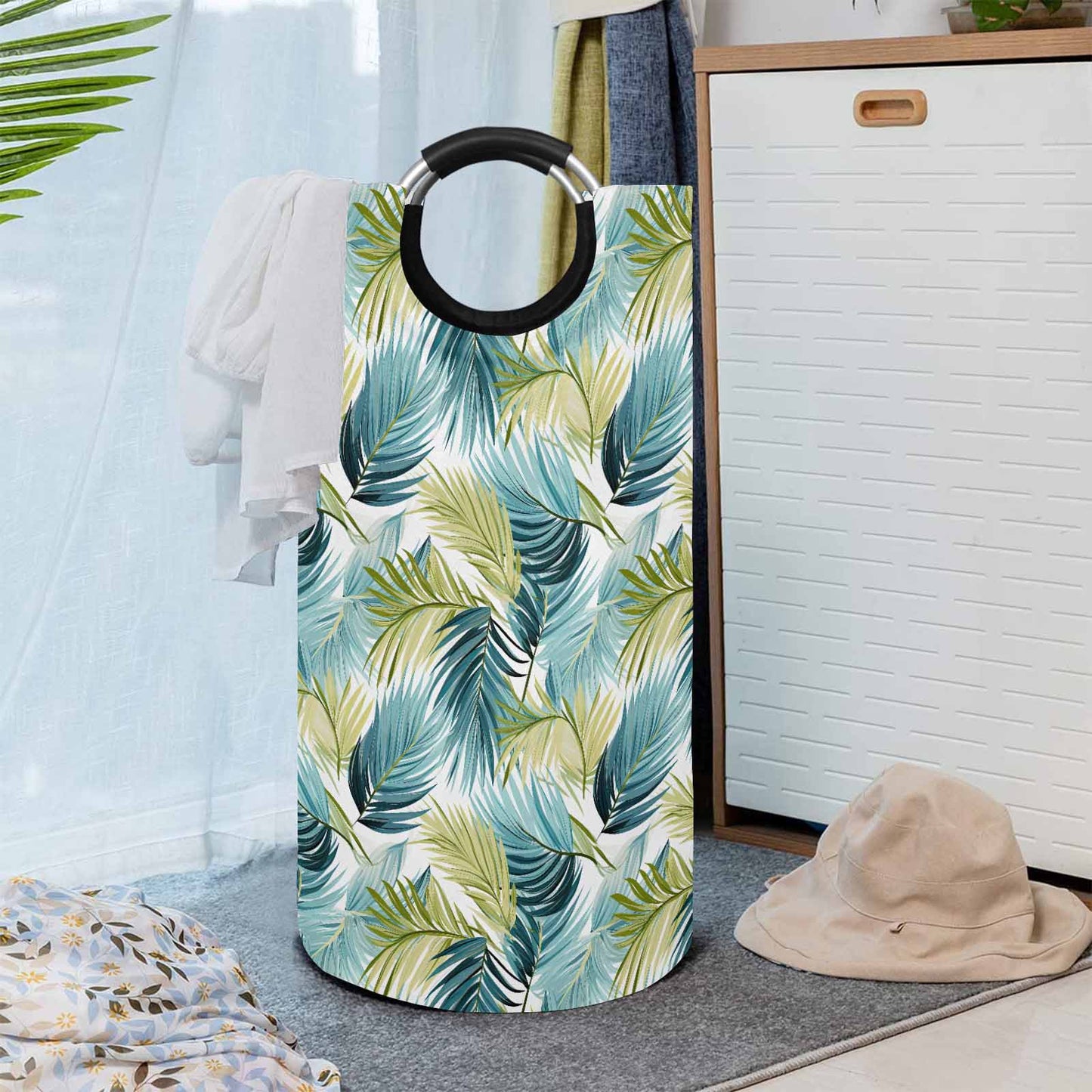 Palm Leaves Blue Greeen  Round Laundry Basket