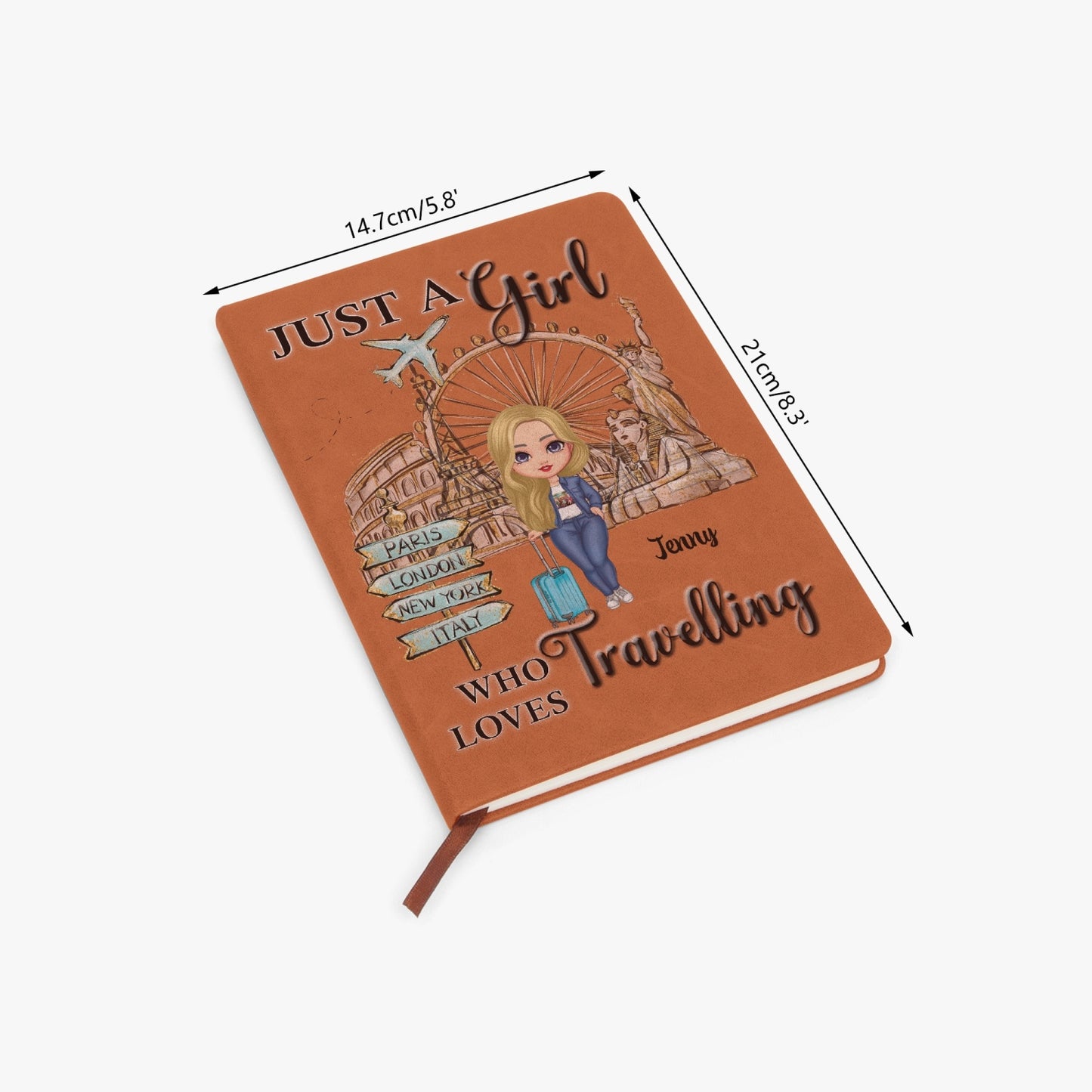 Personalised PU Leather Journal Notebook, Just a Girl who Loves Travelling, Blonde Hair