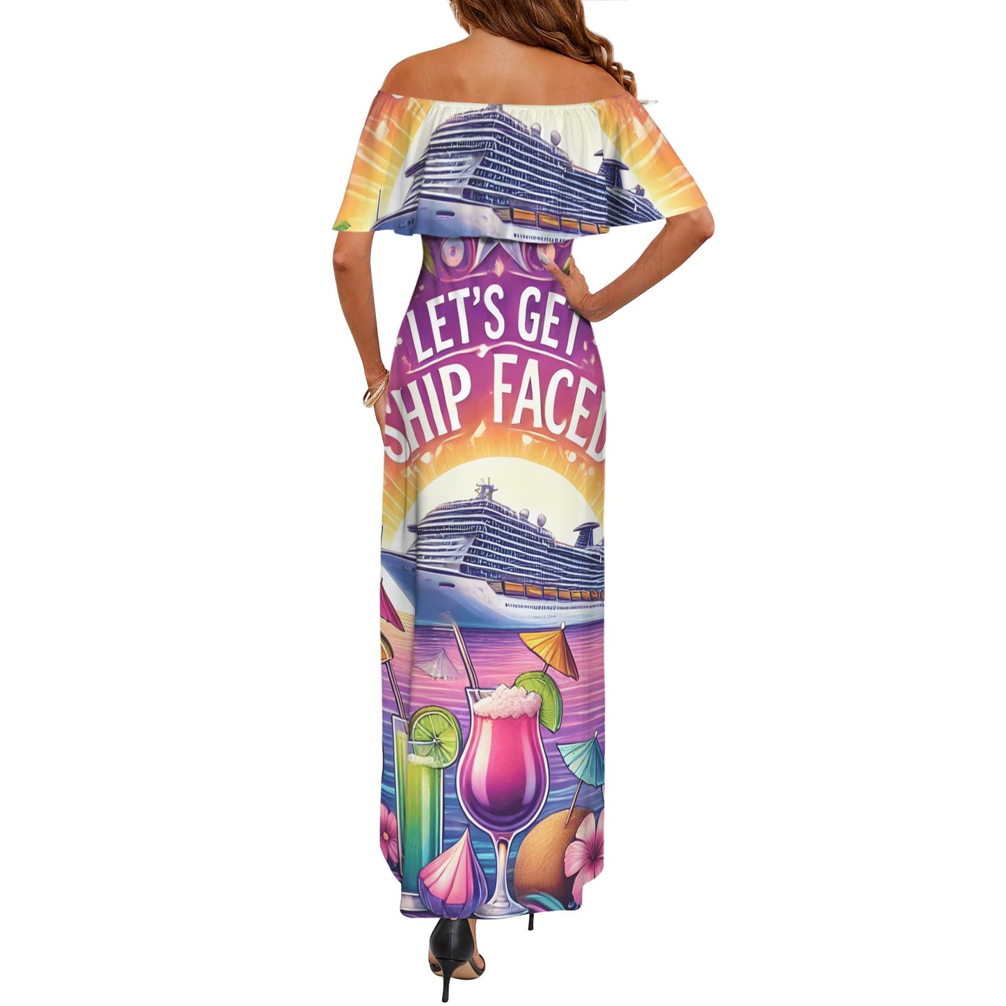 Lets get ship faced Women's Off Shoulder Ruffle Boat Neck Dress (Model D71)