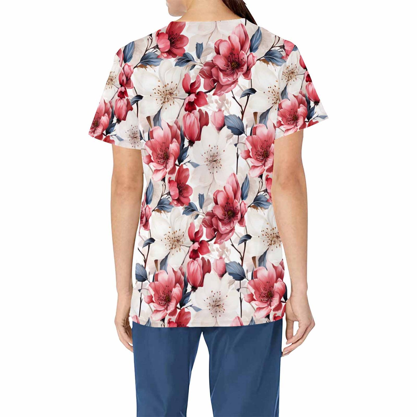 Floral Wildflowers  Women's V Neck Scrub Top Nurse Uniform with Deep Front Pockets