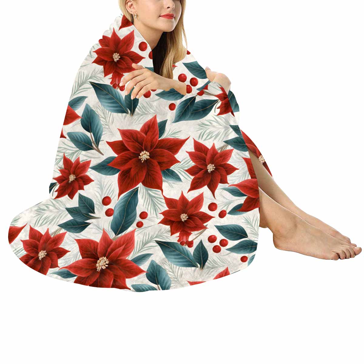 Christmas Red Poinsettia  Circular Micro Fleece Blanket 60"