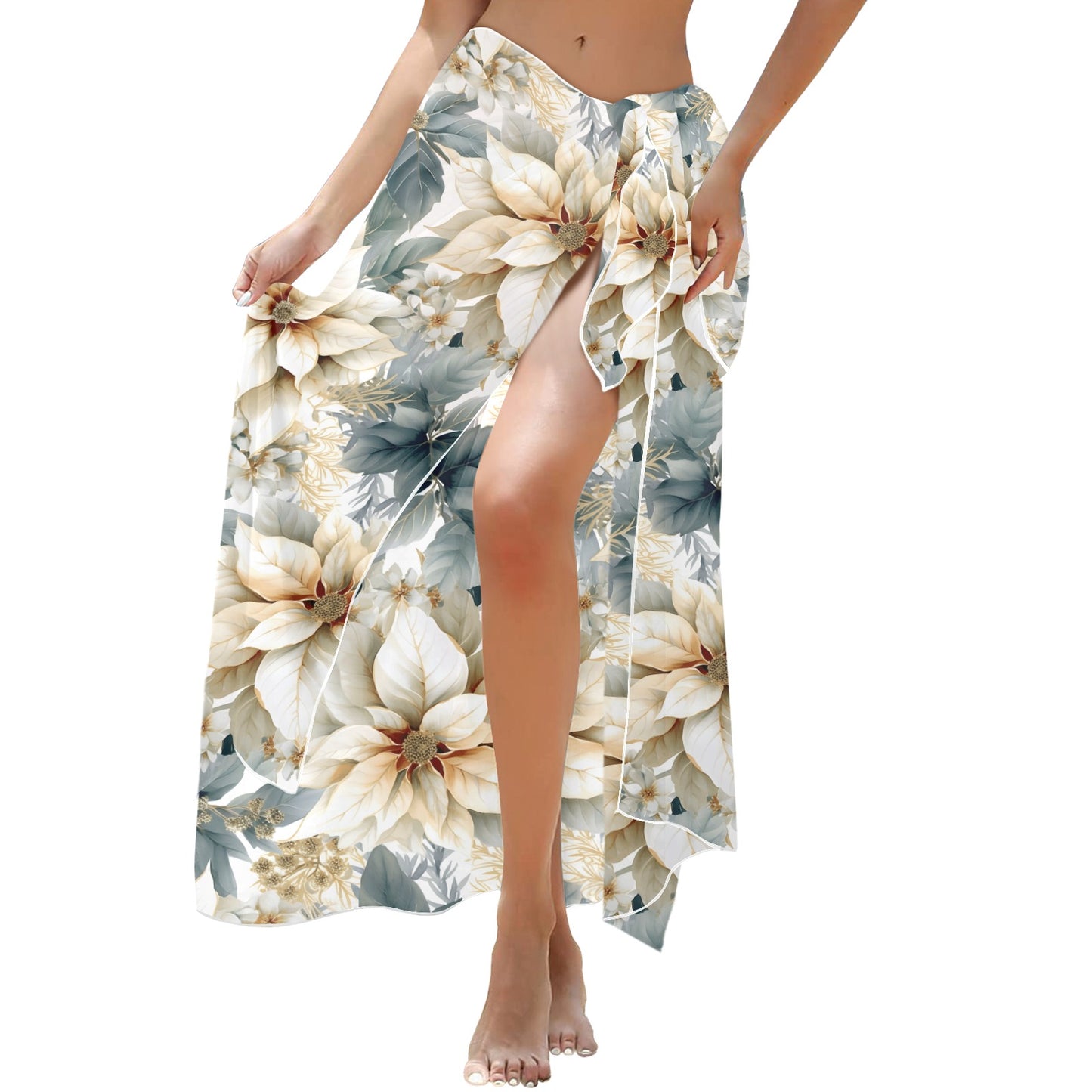 Cream Poinsettia Long Beach Sarong Wrap