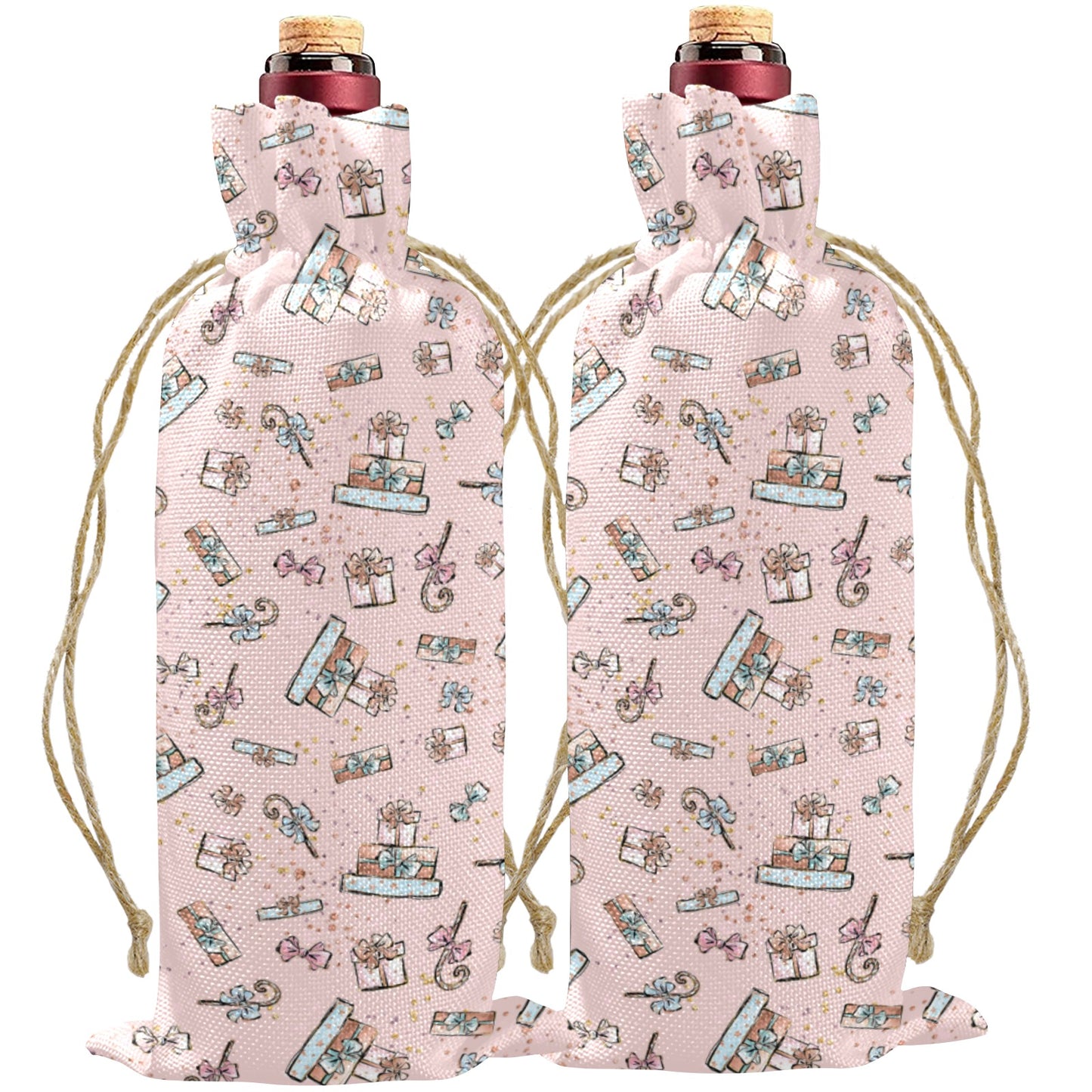Pink Xmas Linen Wine Bottle Bag