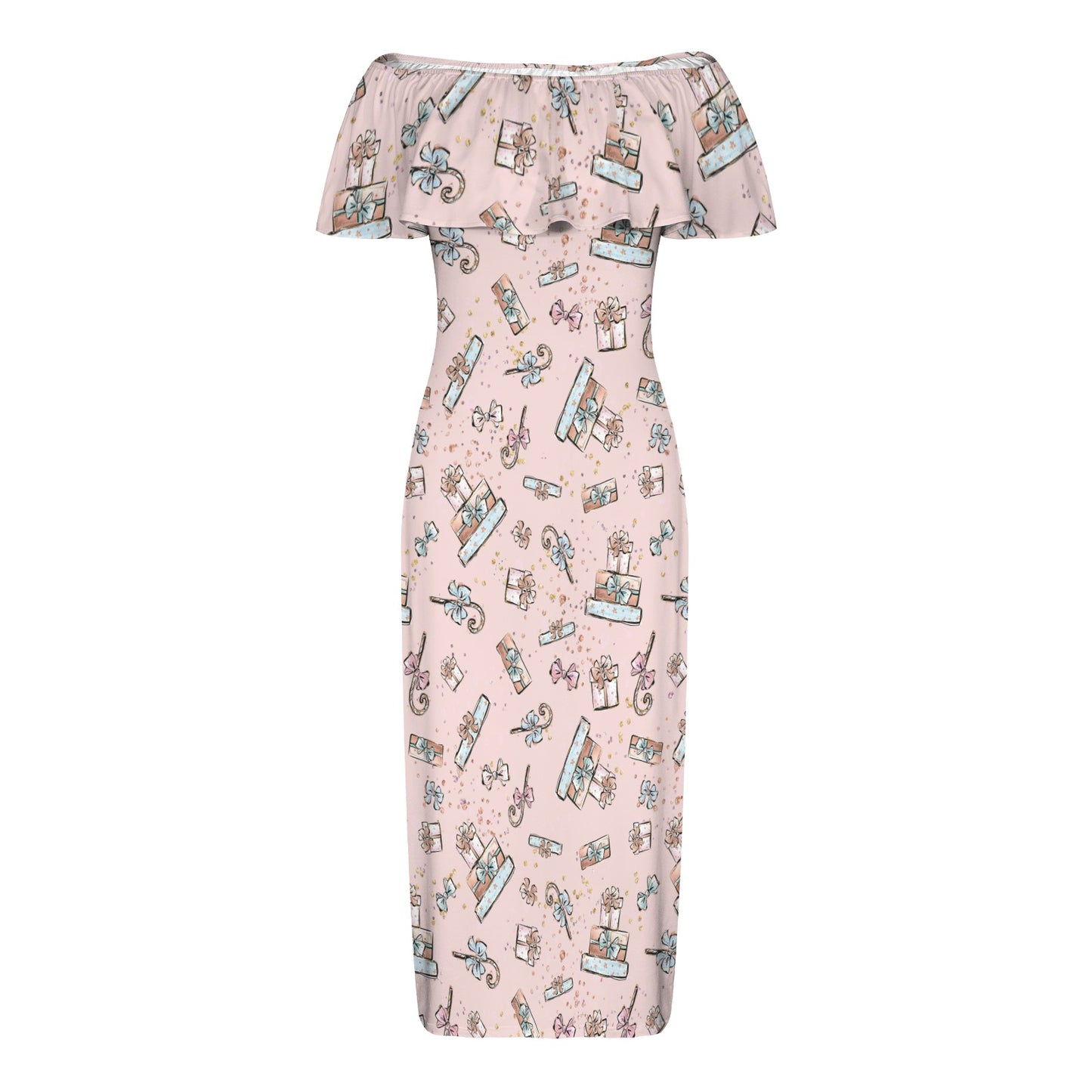 Pink Christmas Presents Women's Off Shoulder Ruffle Boat Neck Dress (Model D71)