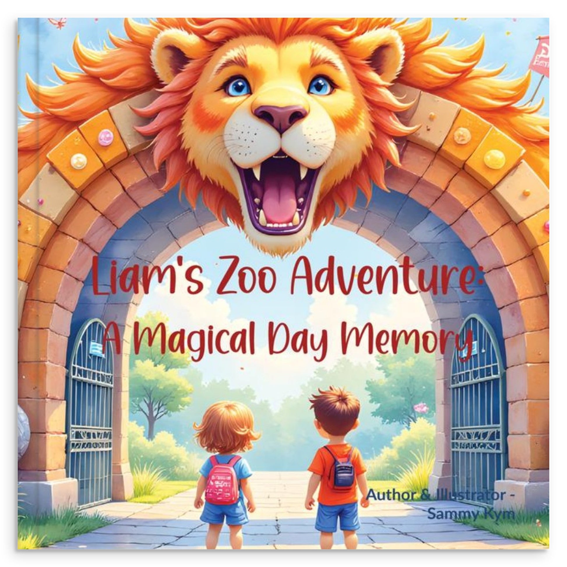Book cover of 'Liam's Zoo Adventure: A Magical Day Memory' with a lion head arch and two children.
