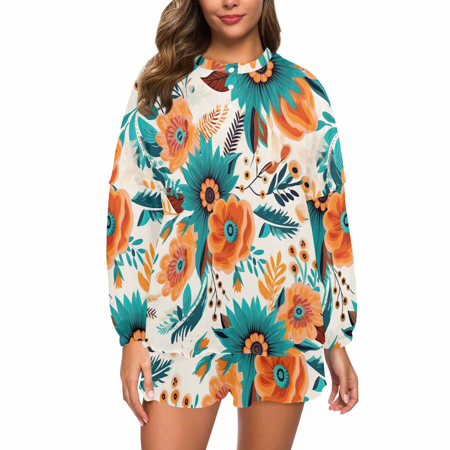 Boho Retro Floral  Women's Long Sleeve Pajama Set with Shorts