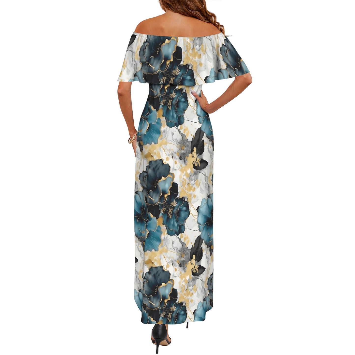 Blue & Gold Ink Floral Women's Off Shoulder Ruffle Boat Neck Dress (Model D71)