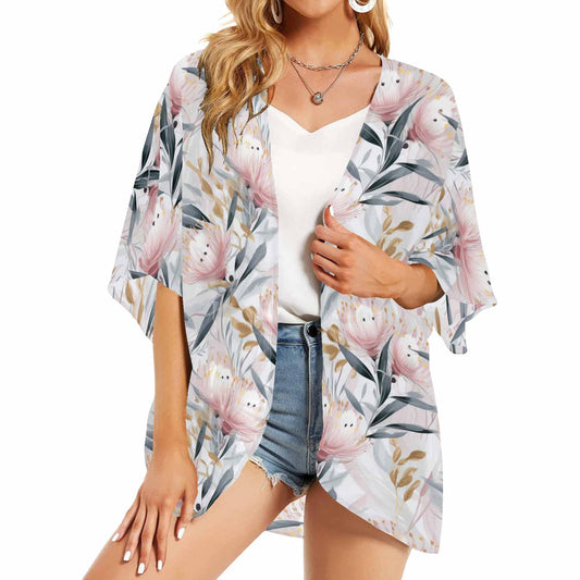 Australian Floral Pink & Grey Women's Kimono Chiffon Cover Up