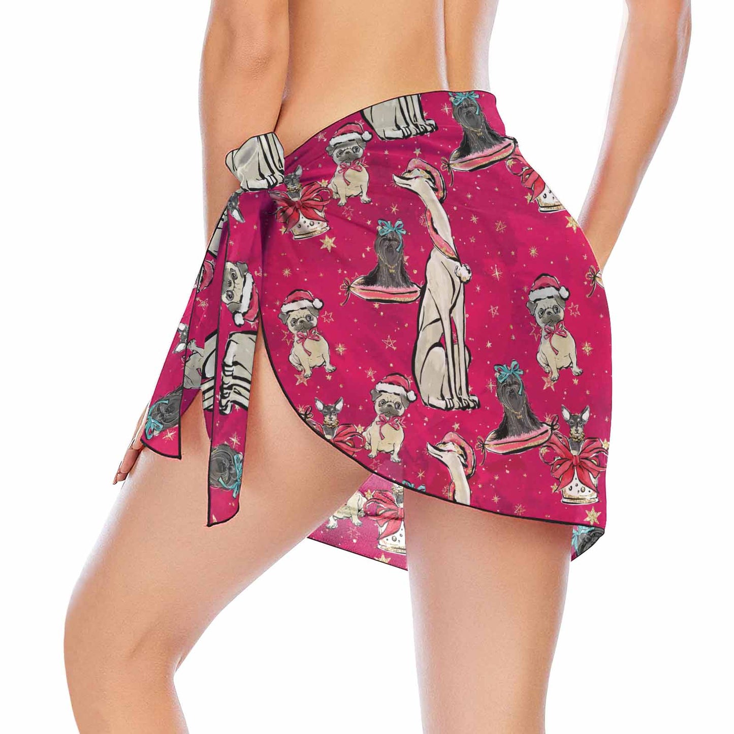 Doggie Christmas Red  Women's Beach Sarong Wrap