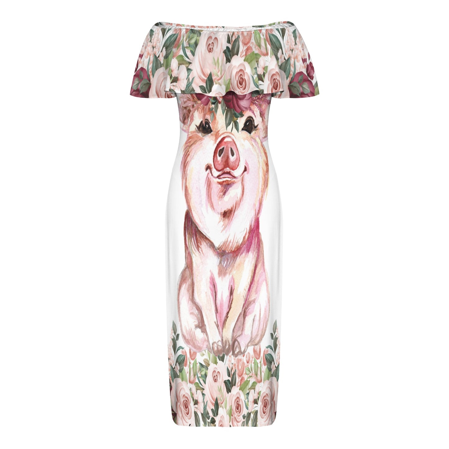 Just a girl who loves pigs awd1375 Women's Off Shoulder Ruffle Boat Neck Dress (Model D71)