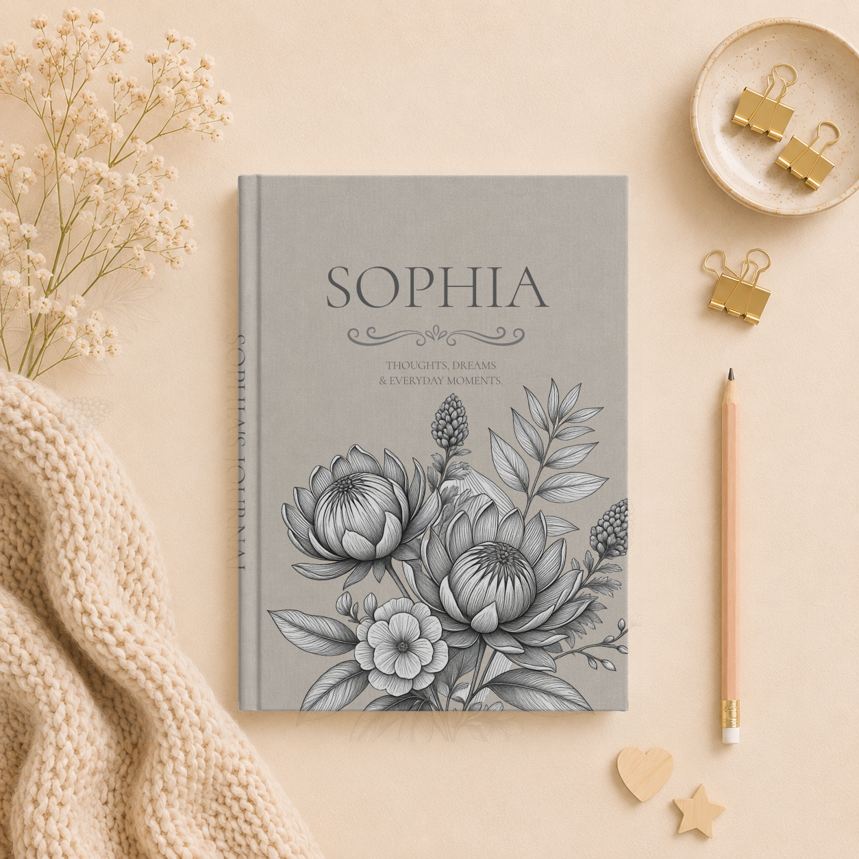 Personalized Linen-look Journal | Custom Hardcover Notebook | Australian Botanical Journal | Elegant Name Notebook