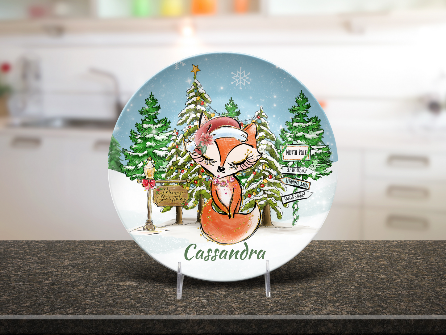 Personalized Christmas Plate, Winter Fox Design, Custom Holiday Gift, Dishwasher Safe Plate, Unbreakable Christmas Dinnerware, Perfect for Kids