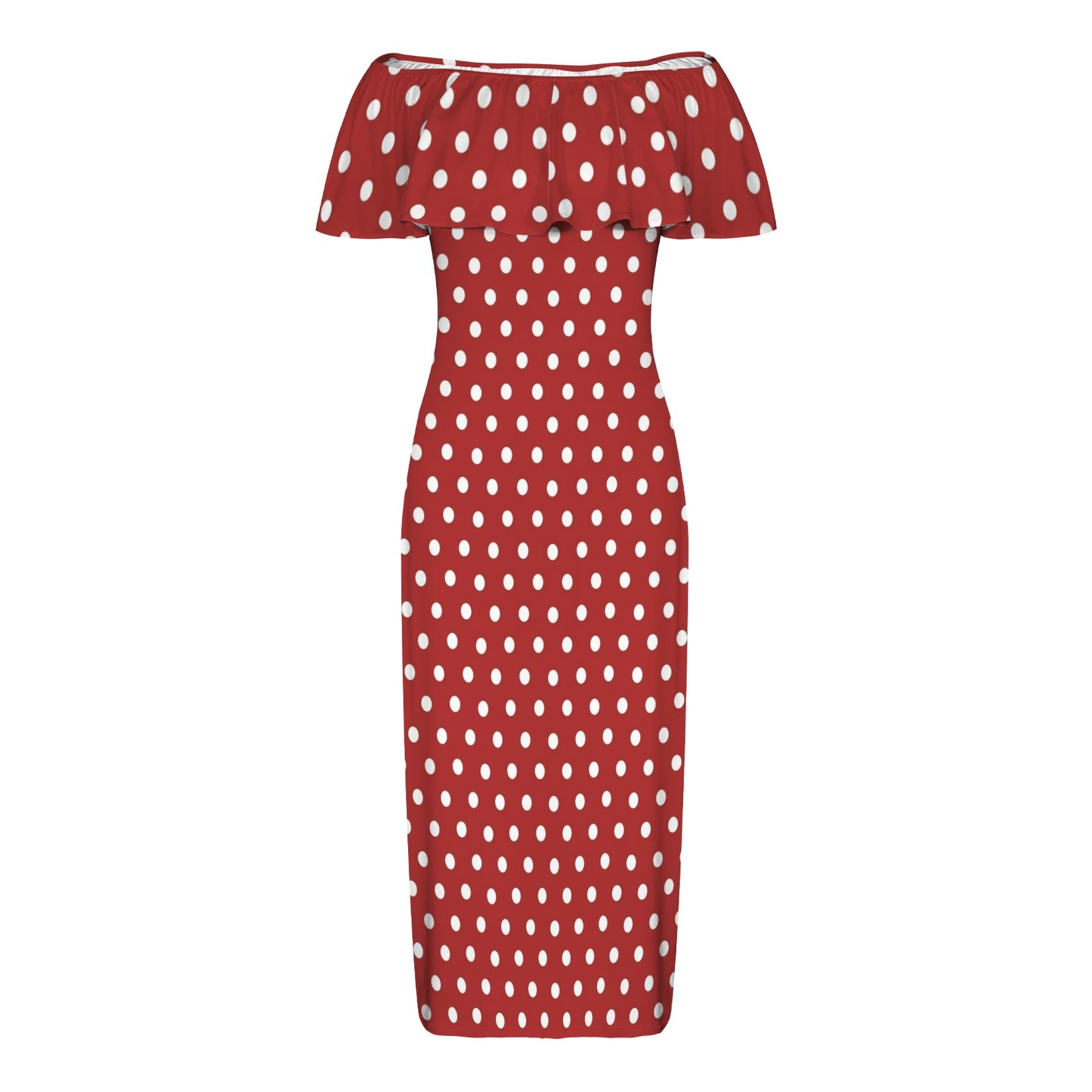 Rockabilly Red White Polka Dots Women's Off Shoulder Ruffle Boat Neck Dress (Model D71)