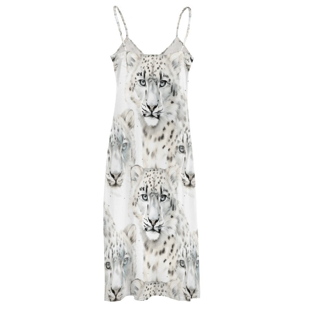 White Leopard Spaghetti Strap Ankle-Length Dress Long dress