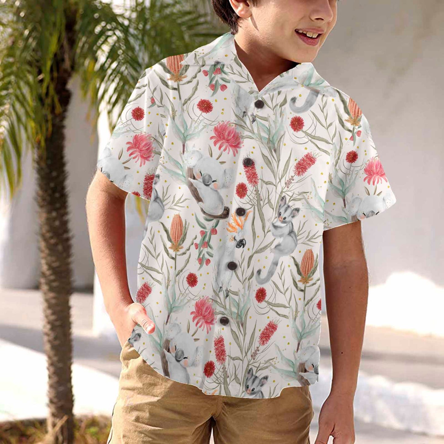 Australian Animals, Koala Cockatoo and Sugar Glider  Little Boys&#039; Hawaiian Shirt (Model T58)