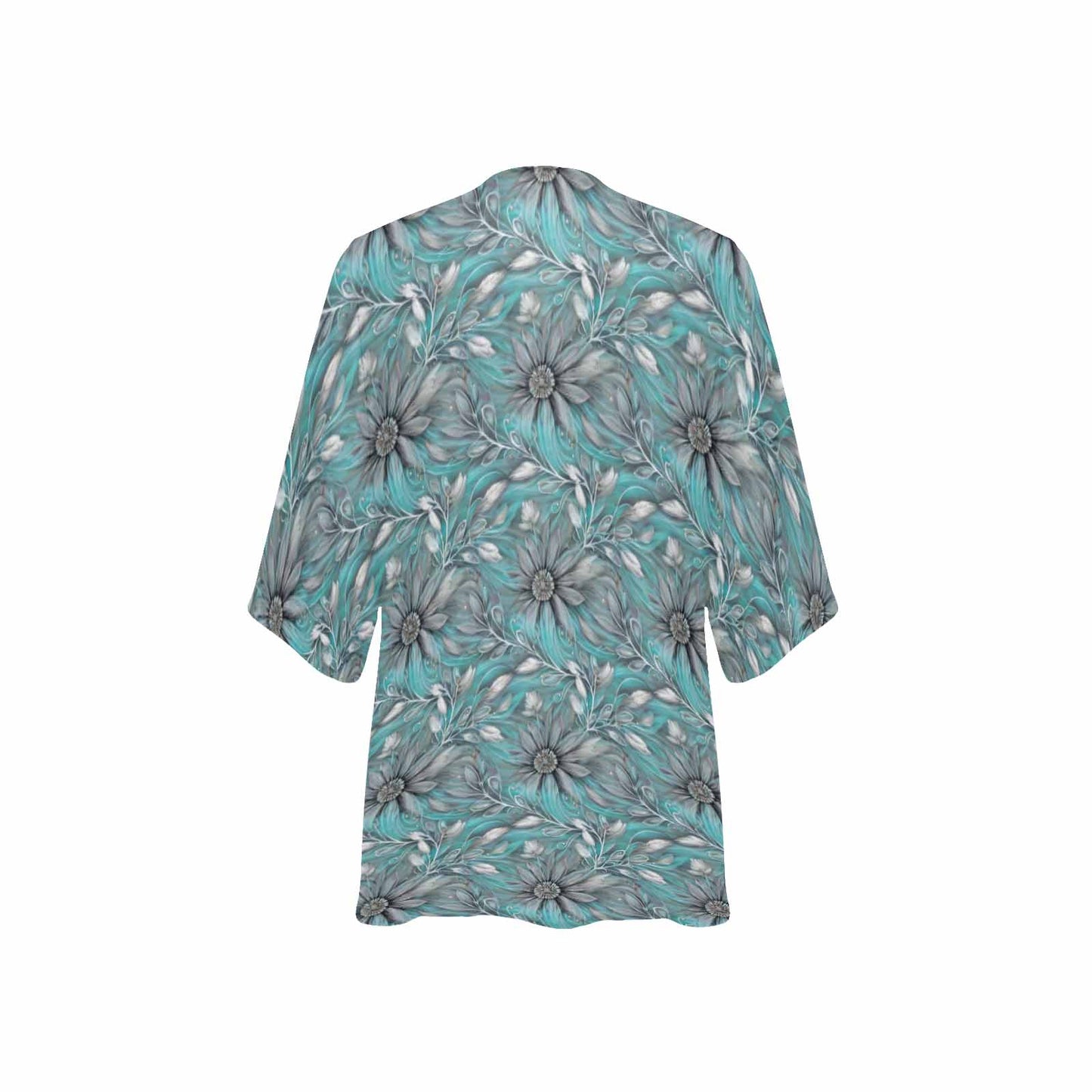 Green Elegant Floral Small Print Women's Kimono Chiffon Cover Up