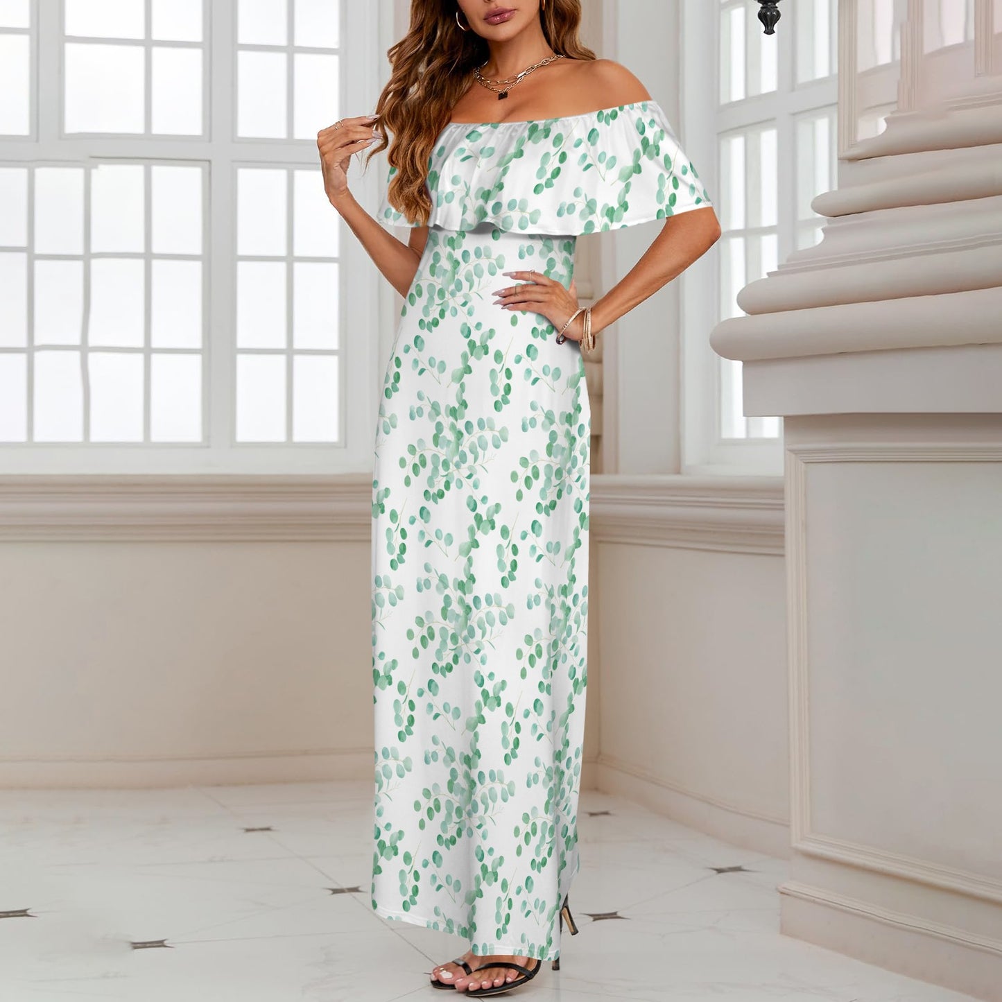 Australian Eucalyptus Leaves Large Print Women's Off Shoulder Ruffle Boat Neck Dress (Model D71)