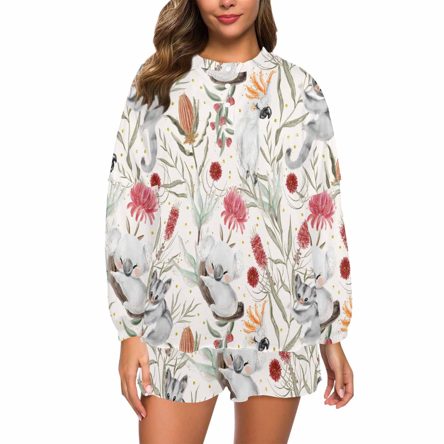 Australian Animals, Koala Cockatoo and Sugar Glider  Women's Long Sleeve Pajama Set with Shorts